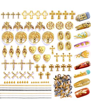 136pcs 3D Nail Charms Rhinestones for Acrylic Nail Art Metal Nail Chains Gold Cross Heart Vintage Alloy Nail Rivet Studs Tip Punk Accessories Decoration Craft DIY