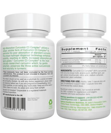 Igennus Advanced Curcumin C3 Complex 300% Greater Absorption & Rapid Uptake 95% Standardised Extract 90 Servings Clean Label Vegan Supplement 1-a-Day 90 Capsules - Buy Online on GoSupps.com