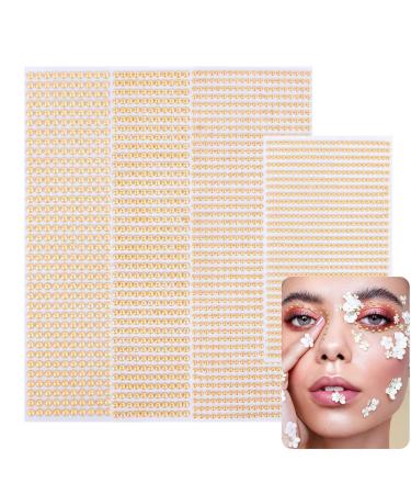 Face Pearl Gems Nail Rhinestone Stickers Makeup Diamonds Jewels for Eyes Hair Body Flat Pearls Temporary Tattoo Dots for Women 3D Self Adhesive Festival Bling Crystal 4 Sheets 2800 PCS (gold)