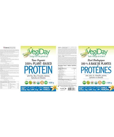 VegiDay Raw Organic Plant Based Protein 20g French Vanilla 1110g with Pea Pumpkin Chia Quinoa Spirulina & Chlorella - Buy Online on GoSupps.com