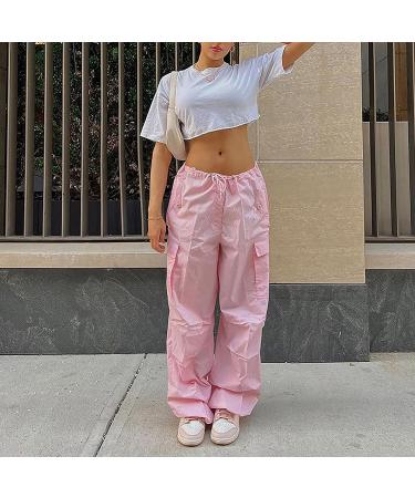 Gufesf Women's Parachute Pants - Drawstring Elastic Low Waist Sweatpants, Loose Baggy Y2K Cargo Trousers with Pockets (Ak-c-pink, X-Large) - Buy Online on GoSupps.com