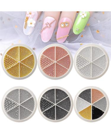 Nail Art Caviar Beads 6 Wheels Mini Caviar Micro Crystal Beads Mixed Size 3D Steel Ball Caviar Beads Gold Silver Rose Gold Black Manicure Nail Art Design for DIY Nail Decorations