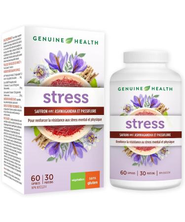 Genuine Health stress 60 count 30 day supply Saffron Ashwagandha and Passionflower for natural daily stress and sleep support Dairy & gluten-free Vegan - Buy Online on GoSupps.com