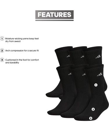 adidas Men's Athletic Cushioned Crew Socks (6-Pack) - Large - Black/Aluminum - Buy Online on GoSupps.com
