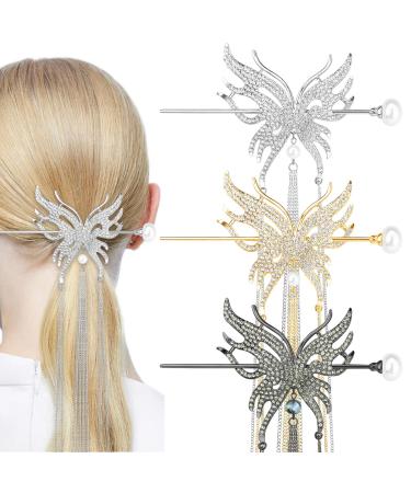 3 Pcs Butterfly Tassel Hair Sticks Metal Rhinestone Pearl Hair Chopsticks Vintage Classical Sticks Long Tassel Chinese Hair Jewelry Accessories for Women