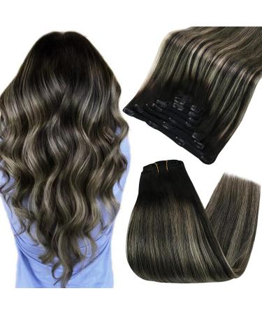 Fshine clip extensions real hair black to silver 120g ombre thicken silky straight hair extension real hair twice 35cm 7 piece hair extreme real hair clips Christmas decoration #1b/s/1b 3.3 clip #1b/s/1b 35cm