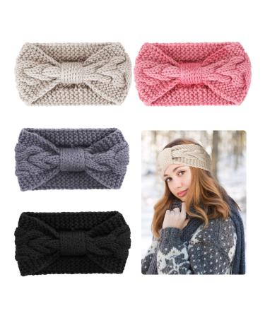 4 Pieces Cable Knit Headband Crochet Headbands Plain Braided Head Wrap Winter Ear Warmer for Women Girls Beige, Pink, Black, Grey