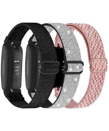 3-Pack Elastic Nylon Bands Compatible with Fitbit Inspire 3/Inspire 2/Inspire HR/Inspire/Ace 3/Ace 2 Breathable Adjustable Replacement Stretchy Nylon Loop Wristband Sport Strap for Woman Man Bling Black/ Bling Silver/ Pink