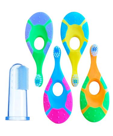 Trueocity Baby Toothbrush 4 Pack & Bonus Silicone Finger Brush, Soft Bristles, Toddler Toothbrushes, Infant & Training w/ Teething Handle, 0-2 Years, Multi Color Set