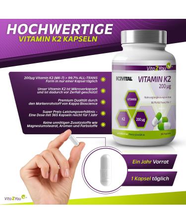 Vita2you Vitamin K2 200 g - 365 Capsules - Original K2Vital MK-7 - Premium Quality - All-Trans Menaquinone - Made in Germany - Buy Internationally - Buy Online on GoSupps.com