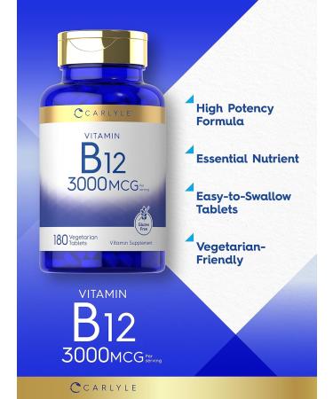 Carlyle B12 Vitamin 3000 mcg | 180 Tablets | Vegetarian Supplement | Non-GMO & Gluten Free - Buy Online on GoSupps.com
