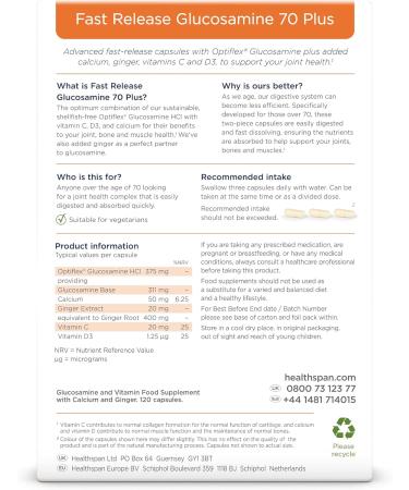Healthspan Fast Release Glucosamine 70 Plus | 120 Capsules | with Vitamin C & Vitamin D3 | Easy to Digest | Calcium | Ginger | Vegetarian - Buy Online on GoSupps.com