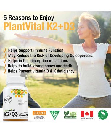 PlantVital High-Potency Vegan Vitamin D3 + K2 - (1000IU /25 mcg + 120 mcg) for Bones Teeth Good Health and Immune System - Patented MK7 Form - K2 D3 vitamin - 4 Months Supply - 120 Capsules. 120 count (Pack of 1) - Buy Online on GoSupps.com
