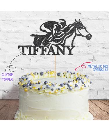 Cakeshop Cake Decoration Pack | Horse Racing Theme Premium Double Sided Glitter Card Cake Topper Sign & 25g Party Pack of Cake Sugar Sprinkles | Custom Name Cake Decorations (Black) Prime Glitter Card: Black - Buy Online on GoSupps.com