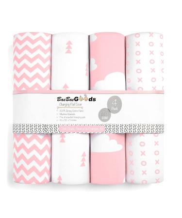 Premium 100% Cotton Girl Changing Pad Cover 4 Pack - Pink & White | Machine Washable Diaper Changing Table Sheets - Buy Online on GoSupps.com