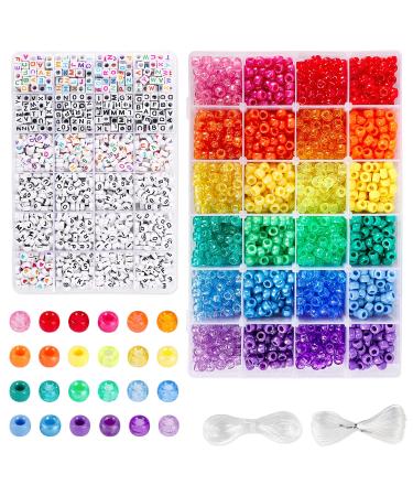 UOONY 4000pcs Pony Beads Kit, 2400pcs Rainbow Kandi Beads and 1600pcs Letter Beads, 24 Colors Plastic Craft Beads Bulk for Bracelets Jewelry Making with 20m Crystal String and 30m Elastic String
