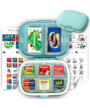 V2 Portable Travel Pill Organizer Holder with Stickers - 8 Slot Durable Compact Case to Organize Meds Pills Medicine Prescriptions Health Vitamins Jewelry Travel Essentials - Blue