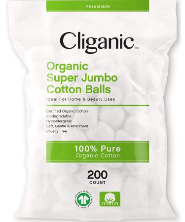 Cliganic Organic Super Jumbo Cotton Balls (200 Count) - Biodegradable, Hypoallergenic, Absorbent, Large Size, 100% Pure 200 Count (Pack of 1)