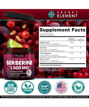 Secret Element Berberine HCL Supplement 1500 mg Vegan Capsules with Beet Root Citrus Bergamot & Black Currant Non-GMO 180 Capsules Pack of 2 180 Count (Pack of 2) - Buy Online on GoSupps.com