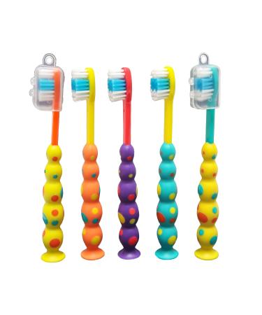 Stesa Kids Toothbrush - 5 Pack - Soft Bristles, BPA Free, Suction Cup for Fun Storage, Dust Covers Included - Boys and Girls Toddler Toothbrush - Age 3+