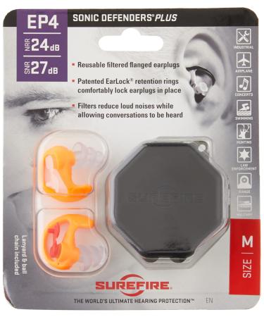 SureFire EP4 Sonic Defenders Plus filtered Earplugs, triple flanged design, reusable, Orange, Medium