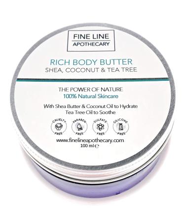 100% naturally rich body butter - shea butter coconut oil and tea tree oil - 100 ml from Fine Line Apothecary.Without chemicals. Conditions moisture and nutrients skin scalp hair nails.