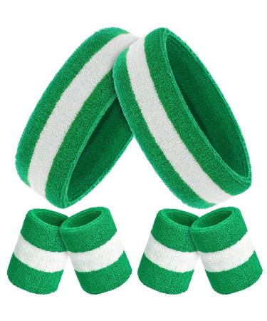 Bememo 6 Pieces Sweatbands Set, Includes 2 Pieces Sports Headband and 4 Pieces Wristbands Sweatbands Cotton Sweatband Set for Men and Women Chirstmas Color,Green White Green