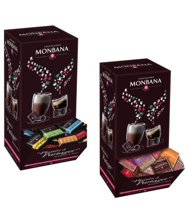 350 Carrés de chocolat Monbana noir et chocolat au lait. 1.4kg. 2 vending boxes, 10 savers and 5 grands crus de chocolat.