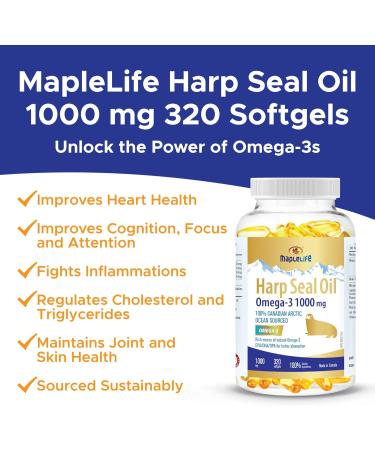 MapleLife Nutrition Harp Seal Oil 1000 mg Rich Source of Natural Omega-3 Fatty Acids EPA/DHA/DPA for Better Absorption Boost Brain Power Maintain Cardiovascular Health Lower Cholesterol & Triglyceride Anti-Inflammation Improve Cognitive Function 320 Softg - Buy Online on GoSupps.com