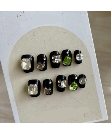 Handmade Heartbeat Short Nail Wearing Black Sweet Cool Explosive Shining Diamond Nail Patch Nail Artificial Nail (Size : S)