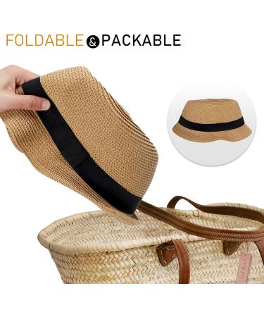 Women's Short Brim Straw Sun Hat Fedora Trilby - Packable Beach Hat in Khaki - Buy Online on GoSupps.com