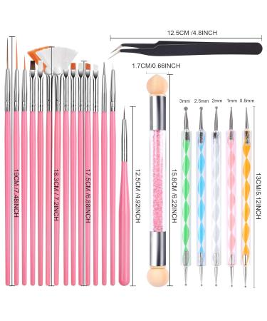 Fandamei 22-Part Nail Art Brush Set - 15 Nail Brushes 5 Dotting Pens Sponge Brushes & Tweezers for Professional Nail Design - Pink - Buy Online on GoSupps.com