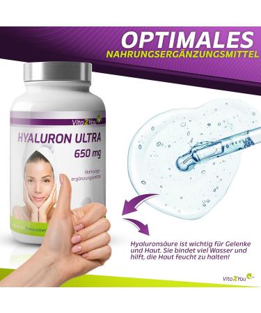 Vita2you Hyaluronic Acid Ultra 650mg - 90 Vegan Capsules | High-Dose 3-Month Pack | Fermented & Additive-Free - Premium Quality Hyaluron - Buy Online on GoSupps.com
