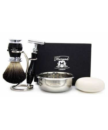 5 Pieces Shaving Set in Black(Black Badger Hair Brush 3 Different Type of Razor to Choose Brush & Razor Holder & Shaving Soap) Blades not Included. Perfect As a Gift (De Safety Razor)