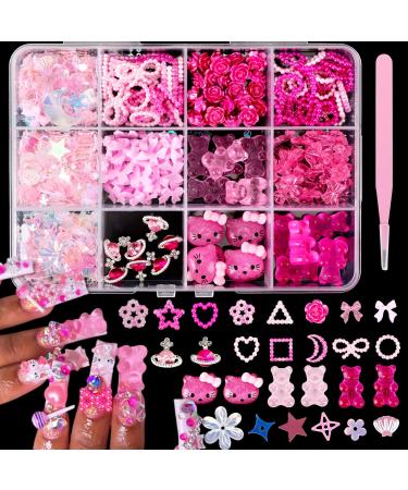 3D Pink Nail Charms Bulk Gummy Bear Butterfly Bow Assorted Nail Charms Set Planet Cherry Gems Cute Heart Star Pearls Nail Charms for Nail Art DIY Supplies Accessories Pink Nail Charm Set