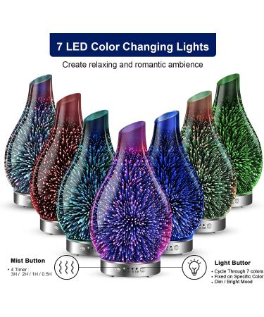 MAXWINER 3D Glass Essential Oil Diffuser - Ultrasonic Aromatherapy with Auto Shut-Off & Timer Setting - 7 Colors LED Lights - 120ml Firework Design - Buy Online on GoSupps.com