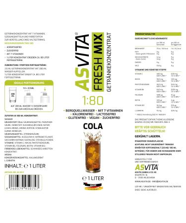 ASVITA Sugar-Free Beverage Concentrate - 1 Liter Bottle 26 Delicious Flavors (Cola) - Zero Calorie Syrup for International Shipping - Buy Online on GoSupps.com
