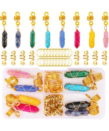 Kaiersi 41 Pcs Dreadlocks Loc Hair Jewelry Crystal Gemstone Wire Wrapped Pendant Spiral Hair Beads Hair Cuffs Hair Rings Hair Accessories for locs Braids (Golden)