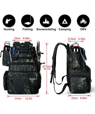 Rodeel Fishing Tackle Backpack with 2 Rod Holders and 4 Tackle Boxes - Large Storage for Trout Fishing and Outdoor Sports - A.Black Camouflage Bag - Buy Online on GoSupps.com