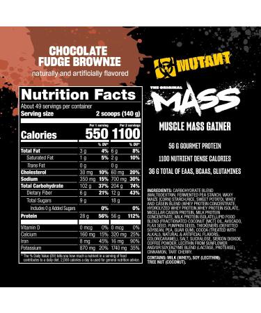 Mutant Mass Weight Gainer Protein Powder | Chocolate Fudge Brownie | 5 lbs | 1100 Calories | 56g Protein | Muscle Growth and Strength Formula - Buy Online on GoSupps.com