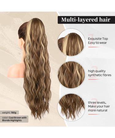 FLUFYMOOZ 26 Inch Drawstring Ponytail Extension | Long Curly Wavy Ponytail Hairpiece for Women | Natural Synthetic Hair (Cool Brown with Blonde Highlights) - Buy Online on GoSupps.com