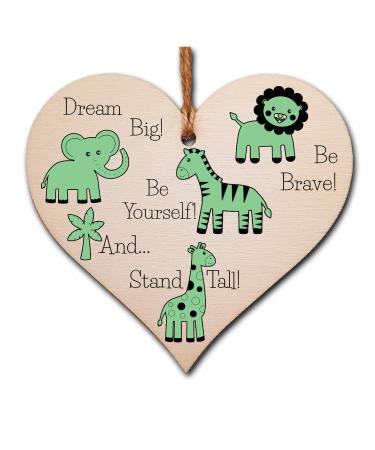 The Plum Penguin Handmade Wooden Hanging Heart Plaque Gift Be Brave Dream Big Be Yourself And Stand Tall new baby present new parents green gender neutral safari animals nursery wall decoration Green Safari Animals
