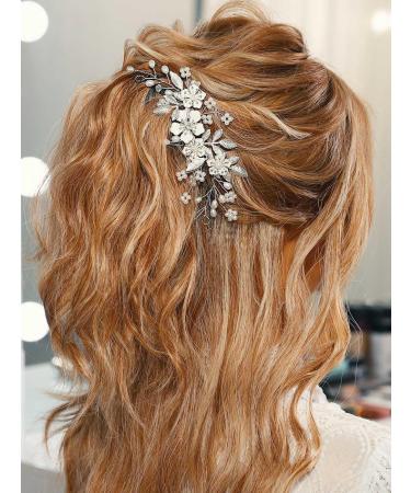 Gorais Flower Bride Wedding Hair Vine Silver Pearl Bridal Hair Piece Leaf Headpiece Hair Accessories for Women and Girls