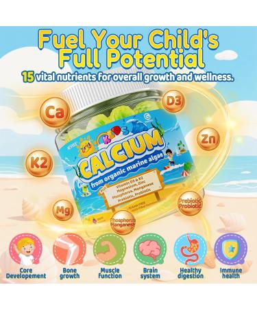 Kids Calcium Gummies + Vitamin D3 (1000IU/2000IU) K2 Magnesium Phosphorus Probiotic Algae Calcium Supplement for Kids 4+ & Teens for Bones & Teeth Extra Calcium Absorption Sugar Free 60 Counts 60 Count (Pack of 1) - Buy Online on GoSupps.com