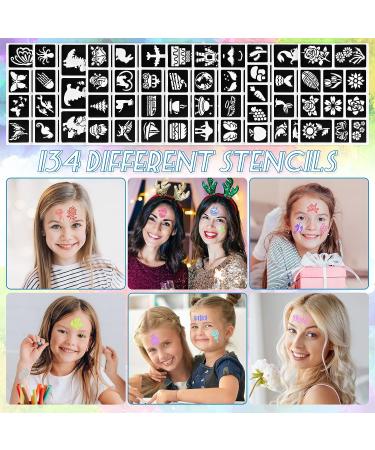 Glitter Tattoos Kit: 26 Large Glitter Colors, 6 Fluorescent Colors, 134 Stencils, 2 Glue - Perfect Gift for Girls, Teens, Women - Birthday, Christmas, Festival - Buy Online on GoSupps.com