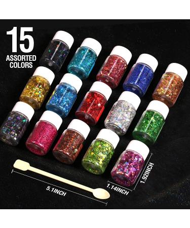 Leobro 15 Colors Chunky Glitter Set - 150g Holographic Glitter Powder for Epoxy Resin Nail Art & Decoration with 10 Mixing Spoons - Buy Online on GoSupps.com