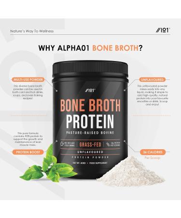 Grass-Fed Beef Bone Broth Protein Powder - 400g Unflavoured - Paleo & Keto Friendly - Halal Kosher - Pack of 1 - Buy Online on GoSupps.com