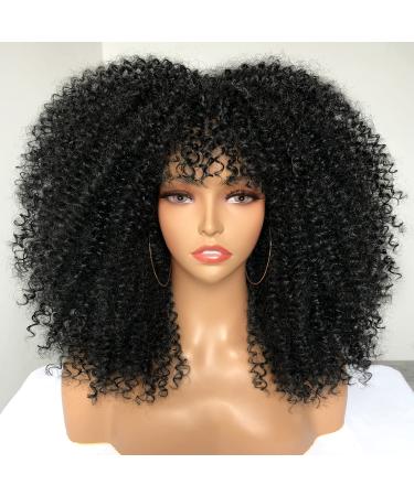 Curly Wig 16inch Afro Kinky Curly Wig with Bangs for Black Women Synthetic Bomb Wigs (Black) 16 Inch Black