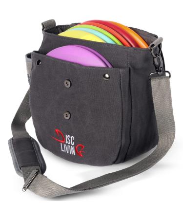 Disc Living Disc Golf Bag | Frisbee Golf Bag | Easy to Carry | Lightweight Fits Up to 10 Discs | 16 oz Waxed Canvas Sturdy Design | Belt Loop | Double Button Design | Bottle Holder Waxed Canvas - Grey