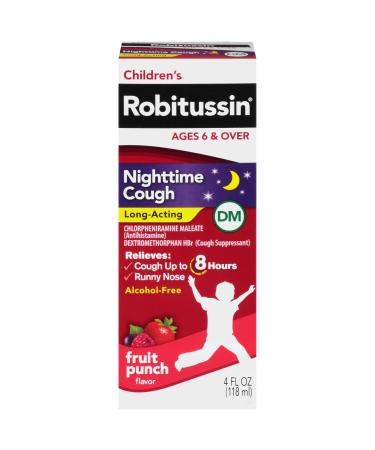 Childrens Robitussin Nighttime Cough Long-Acting DM, Cough Medicine for Kids, Fruit Punch Flavor - 4 Fl Oz Bottle Fruit Punch - Nighttime